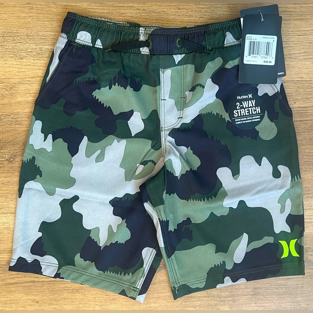 NEW Hurley Stretch Hybrid Green Camo Shorts Functional Drawstring, Little Boy 6